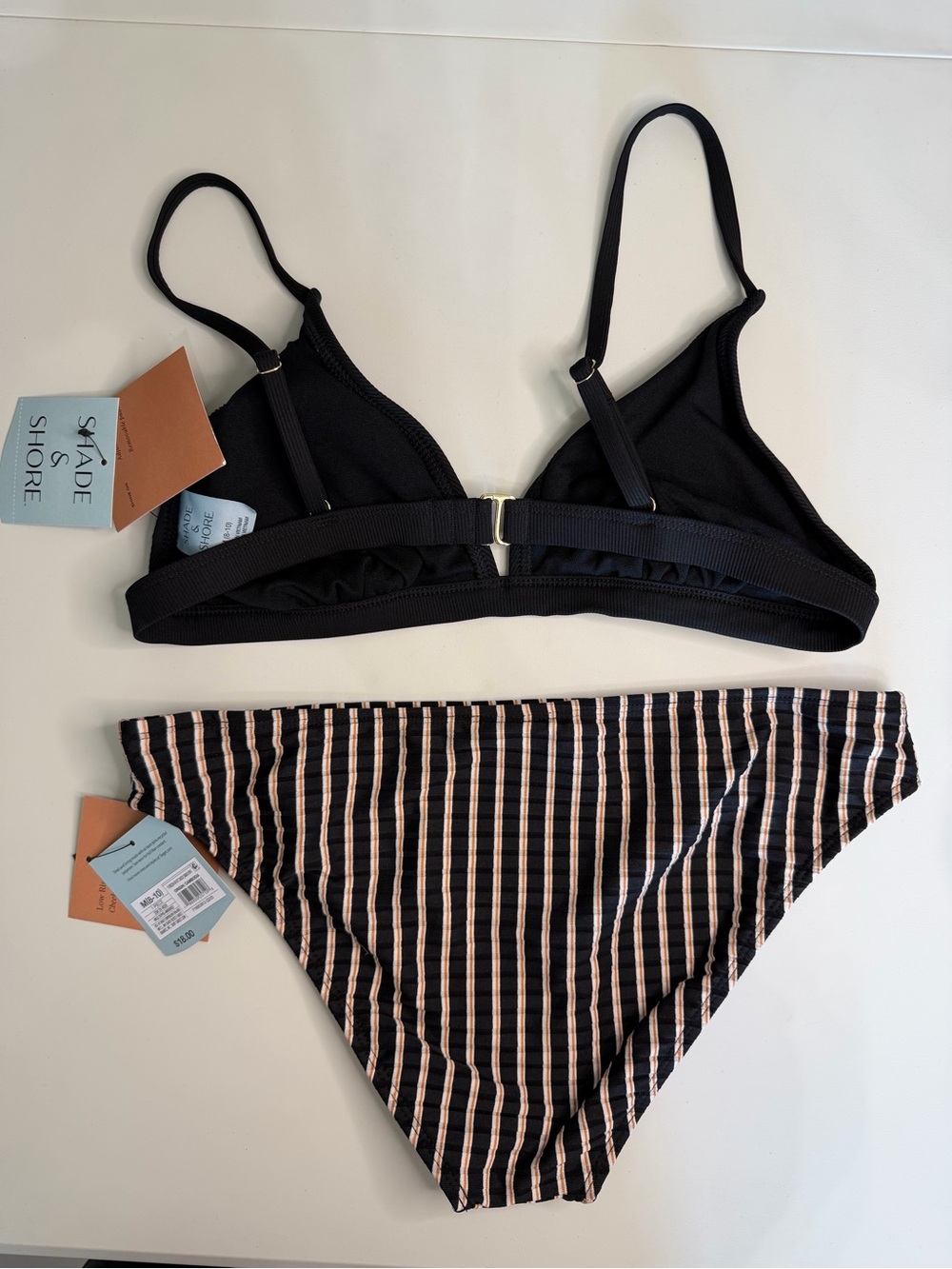Shade & Shore Black Triangle Bikini Top with Black & Cream Striped Bottom #283